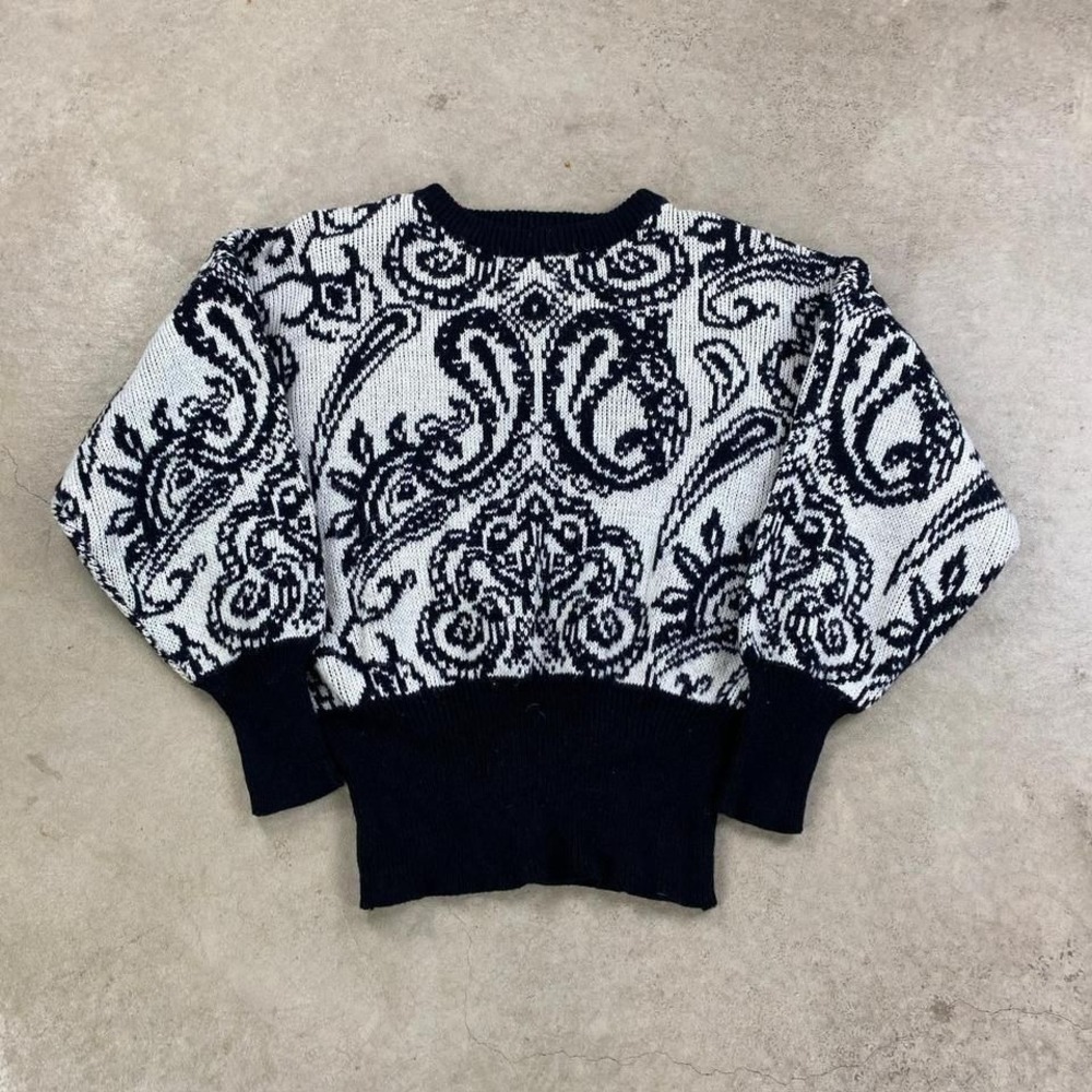 Vintage 80s Angenie‎ Geometric Sweater Black and White Grandpa Pull Over Boho